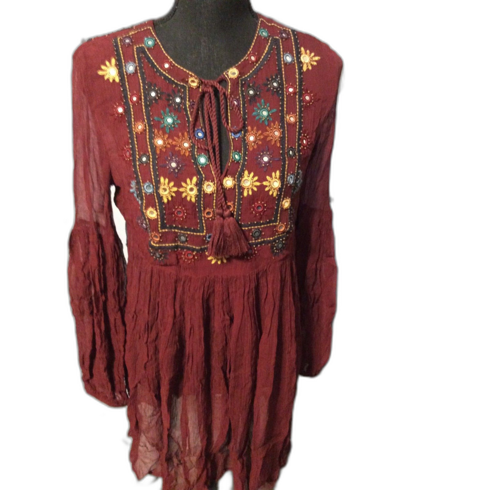 Free People Embroidered Boho Hippie Burgandy Dress Sheer XS Gauzy Oversized